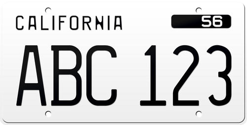 1956 California License Plate - White License Plate with Black Text