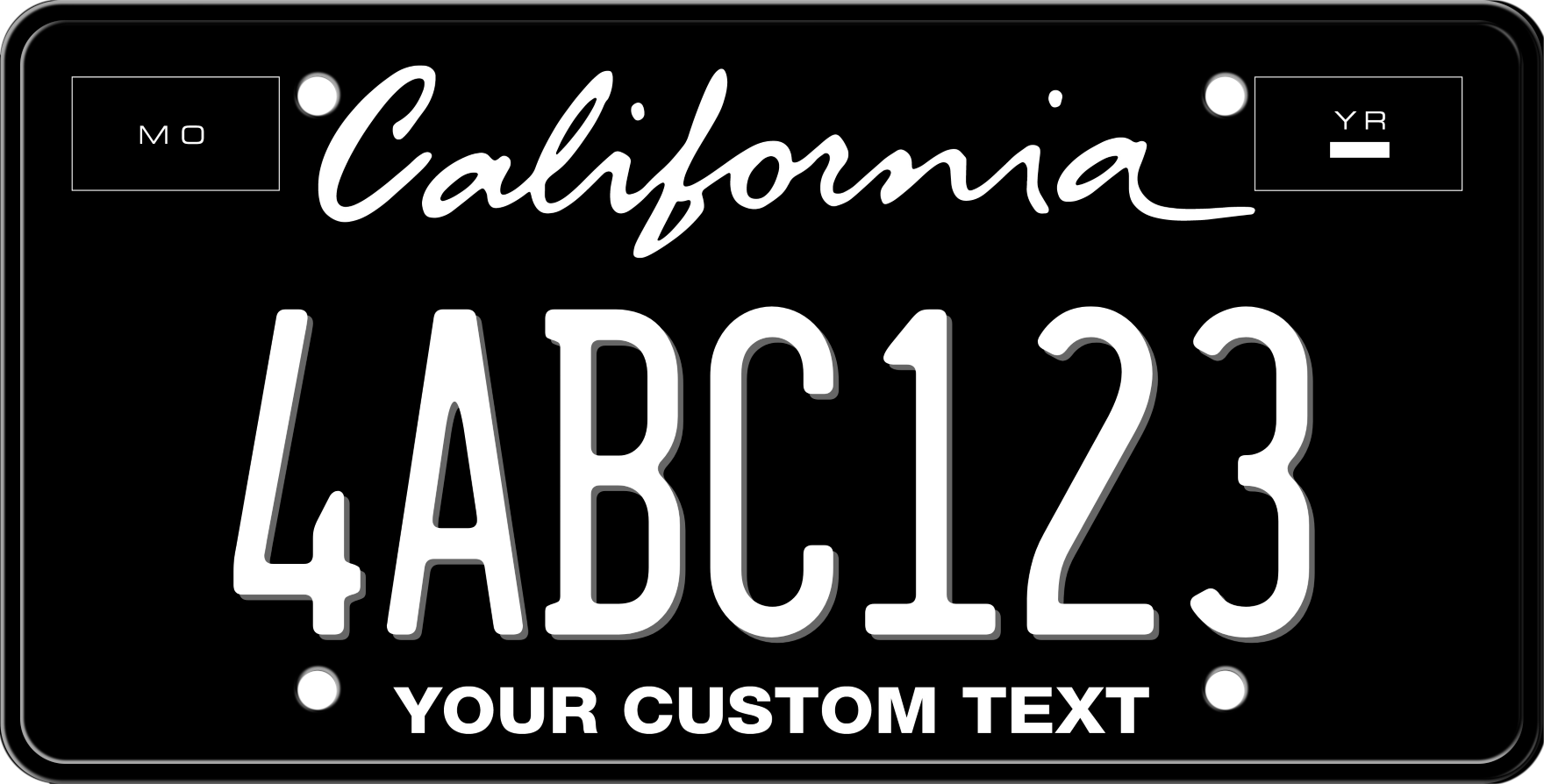 BLACK CALIFORNIA LICENSE PLATE IN TWO LINES - BLACK WITH WHITE TEXT 6&quot;