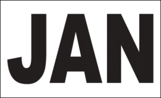 MONTH JANUARY / JAN STICKER ON CALIFORNIA LICENSE PLATE WHITE AND BLACK