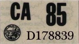 1985 YEAR STICKER ON CALIFORNIA LICENSE PLATE