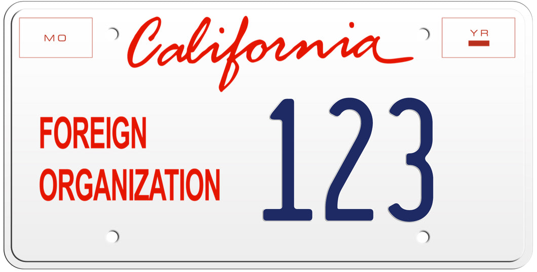CALIFORNIA FOREIGN ORGANIZATION LICENSE PLATE