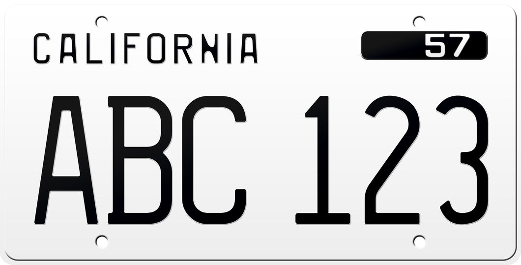 1957 California License Plate - White License Plate with Black Text