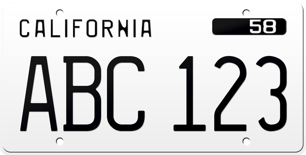 1958 California License Plate - White License Plate with Black Text.