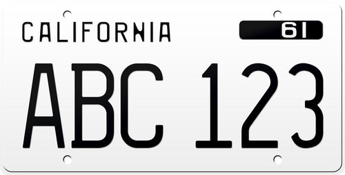 1961 California License Plate - White License Plate with Black Text.