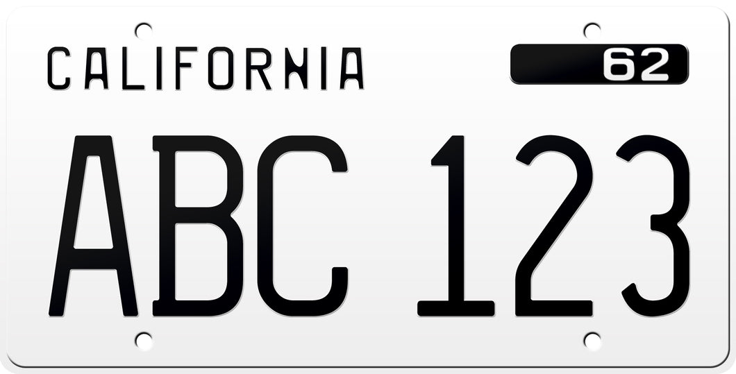 1962 California License Plate - White License Plate with Black Text.
